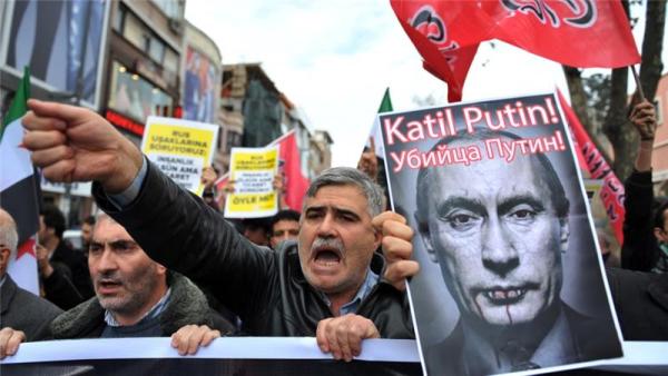 Turkish protesters shouted slogans against Russia during a demonstration after Friday prayers in Istanbul