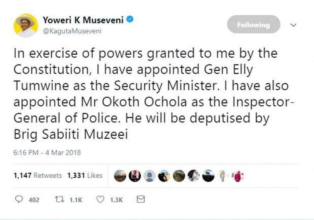 Museveni's tweet