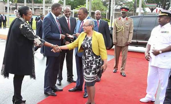 President Uhuru Kenyatta and First Lady Margaret Kenyatta at JKIA shortly before leaving for Tanzania where they will attend John Magufuli's swearing in ceremony