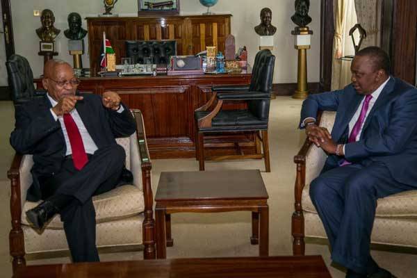 President Uhuru Kenyatta (right) with his South African counterpart Jacob Zuma at State House in Nairobi on October 11, 2016.