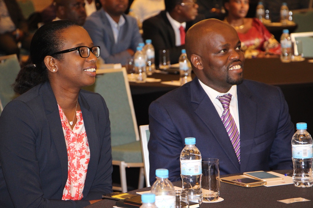 The CEO of BK, Dr Diane Karusisi and the Minister of Youth and ICT, Jean Philbert Nsengimana during the launch of BK TechHouse yesterday.