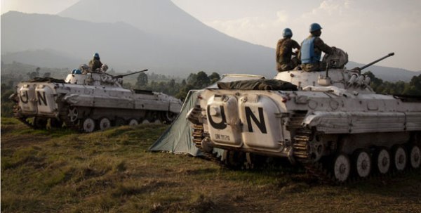 Soldiers of the United Nations Mission in Democratic Republic of Congo (Monusco) sit on the top of tanks