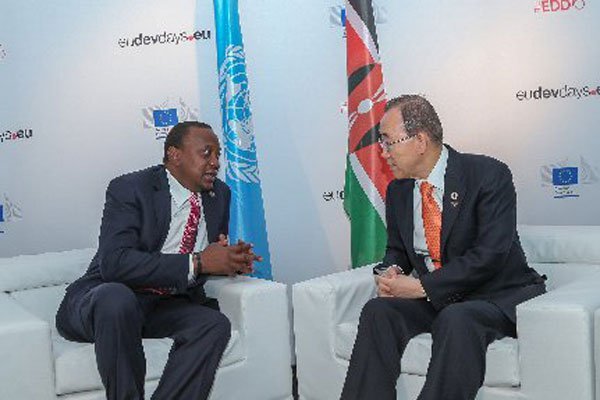 President Uhuru Kenyatta (left) with United Nations Secretary-General Ban Ki-moon on the sidelines of the European Development Days 2016 in Brussels, Belgium yesterday.