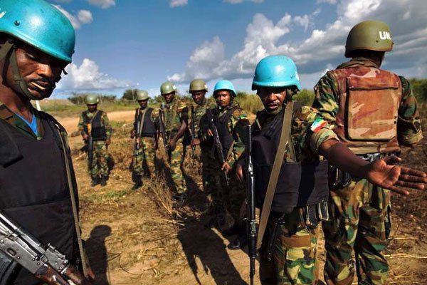 Troops from Ethiopia deployed by the United Nations Mission in South Sudan patrol on foot outside the premises of the UN Protection of Civilians site in Juba, South Sudan, on October 4, 2016. Kenya has said it is withdrawing troops from the mission after a Kenyan officer was removed as commander.