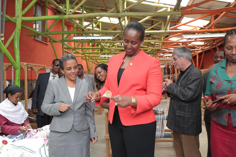 First Ladies Mrs. Roman Tesfaye and Mrs. Jeannette Kagame at a pottery and weaving center in Addis Ababa