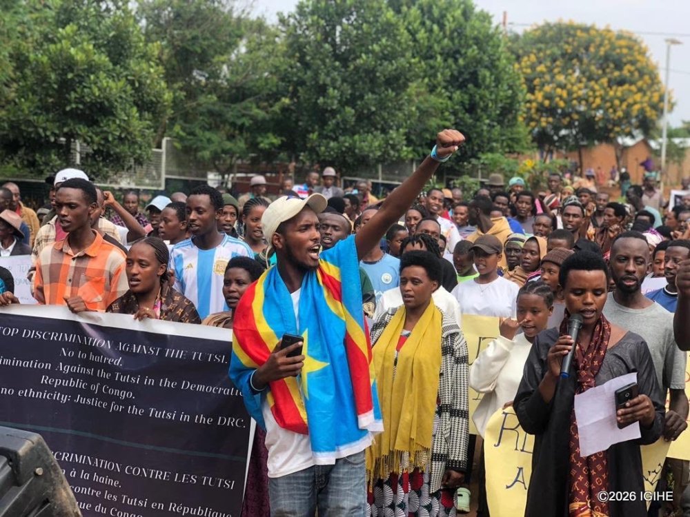Refugees at Mahama protest the DRC government’s continued targeting of Tutsis.