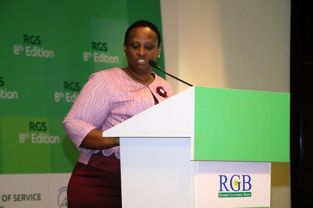 The CEO of RGB presenting findings of the 8th edition of Rwanda Governance Scorecard.  