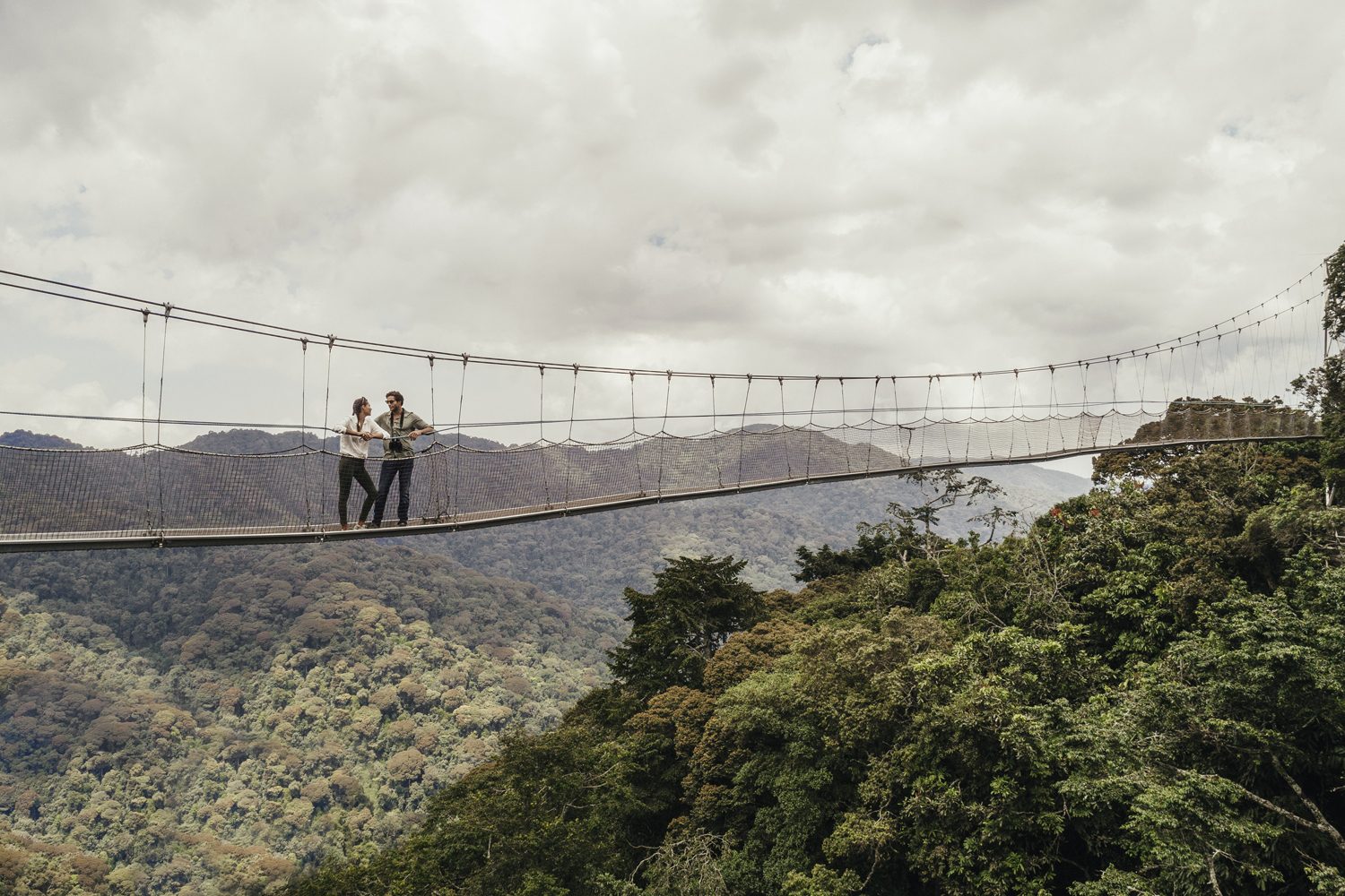 The Canopy Walkway in Nyungwe Forest soars high above the treetops, offering breathtaking views of lush rainforest, vibrant birdlife, and the rolling hills beyond. It offers a thrilling and unforgettable way to experience one of Africa’s oldest forests