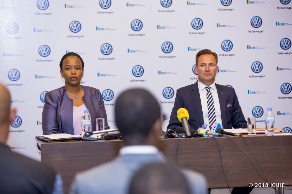 Rwanda Development Board (RDB) Chief Executive Officer, Clare Akamanzi  and the Managing Director of Volkswagen in South Africa, Thomas Schafer addressing the media in Kigali yesterday.