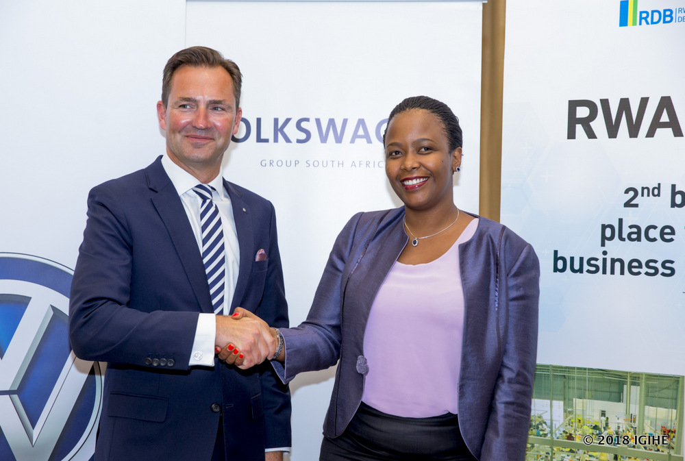 The Managing Director of Volkswagen in South Africa, Thomas Schafer and Rwanda Development Board (RDB) Chief Executive Officer, Clare Akamanzi