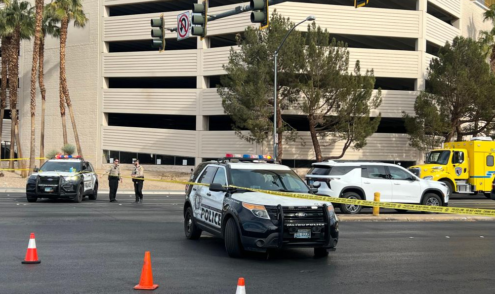Police officers stand guard in an area sealed off outside the Trump International Hotel in Las Vegas, Nevada, the United States, on January 1, 2025.