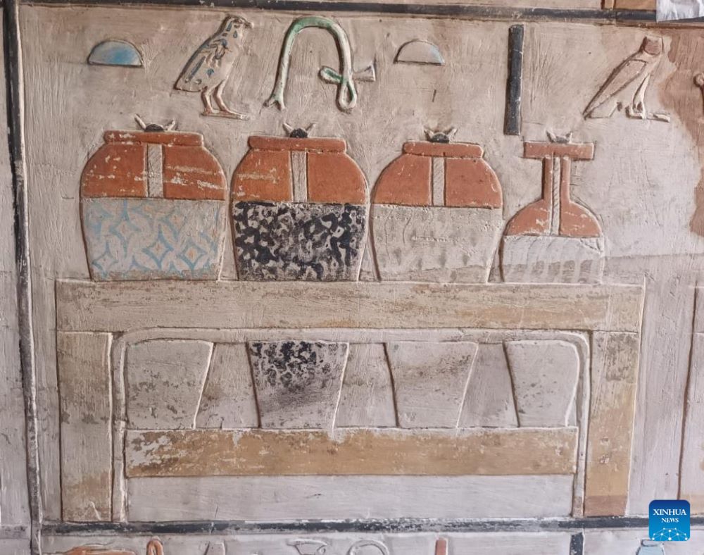 The undated photo shows colorful reliefs on the wall of a mastaba discovered at the Saqqara archaeological site, south of Cairo, Egypt. A joint French-Swiss archaeological mission has discovered an over 4,000-year-old mastaba at the Saqqara archaeological site, the Egyptian Ministry of Tourism and Antiquities said in a statement on Jan. 6. (Egyptian Ministry of Tourism and Antiquities/Handout via Xinhua)
