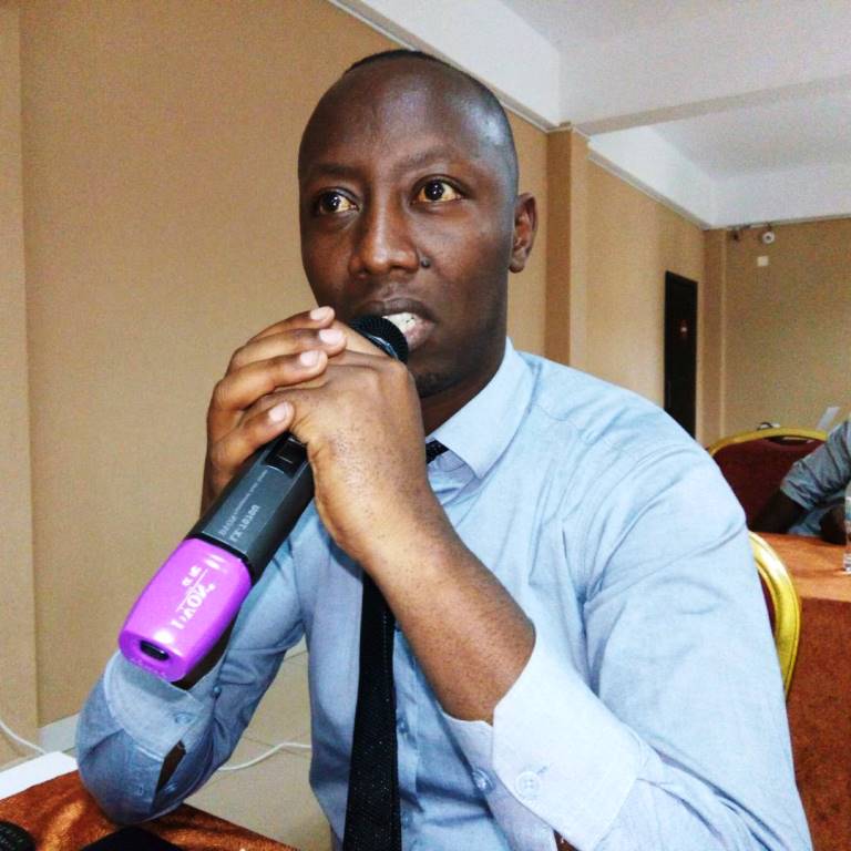 KT Radio reporter Jean Claude Rusakara Umugwaneza makes intervention during the workshop