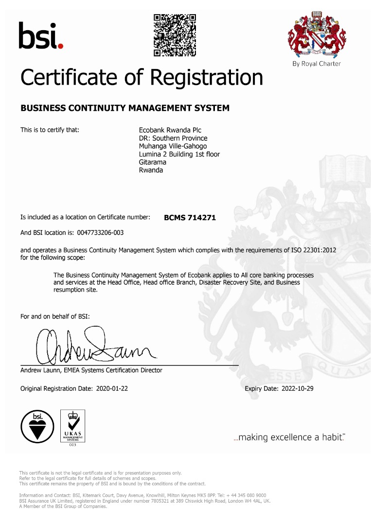 Ecobank Rwanda obtains ISO Certification for Business Continuity Management Systems