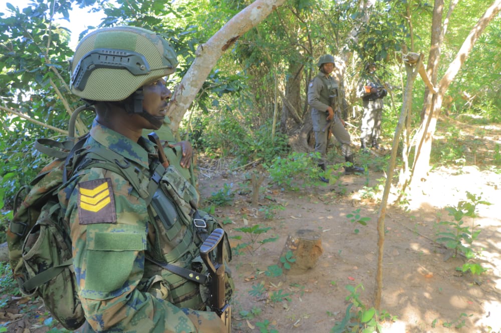 RDF soldiers stands guard in Mozambique. 