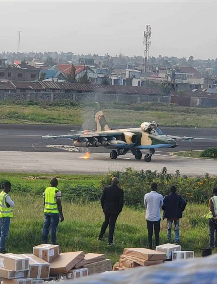 Firefighters rushed to put out the fire as DRC fighter jet landed at Goma airport.