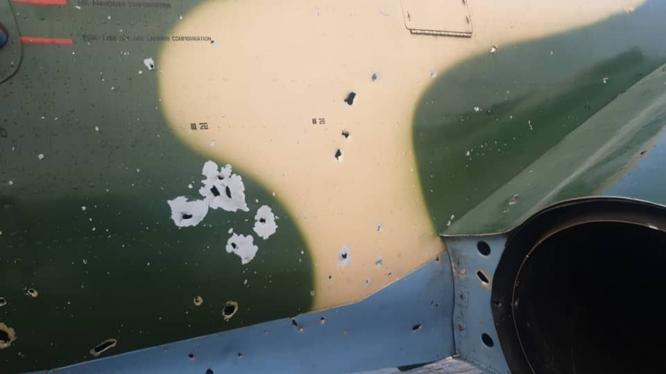 The side of DRC's warplane where bullets pierced through.