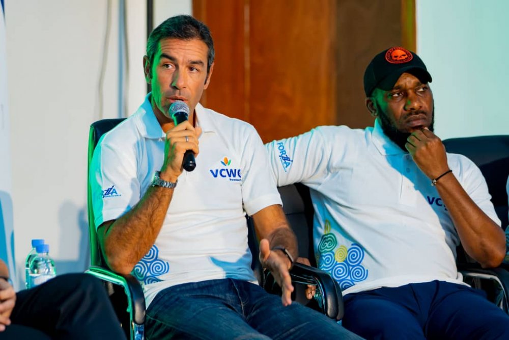 Football veterans including Robert Pirès and Jay-Jay Okocha delivering a talk to the youth on the path to success. 