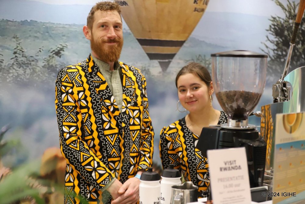 The Rwandan pavilion featured a group offering visitors a taste of Rwandan coffee, led by Paul Van Weert.