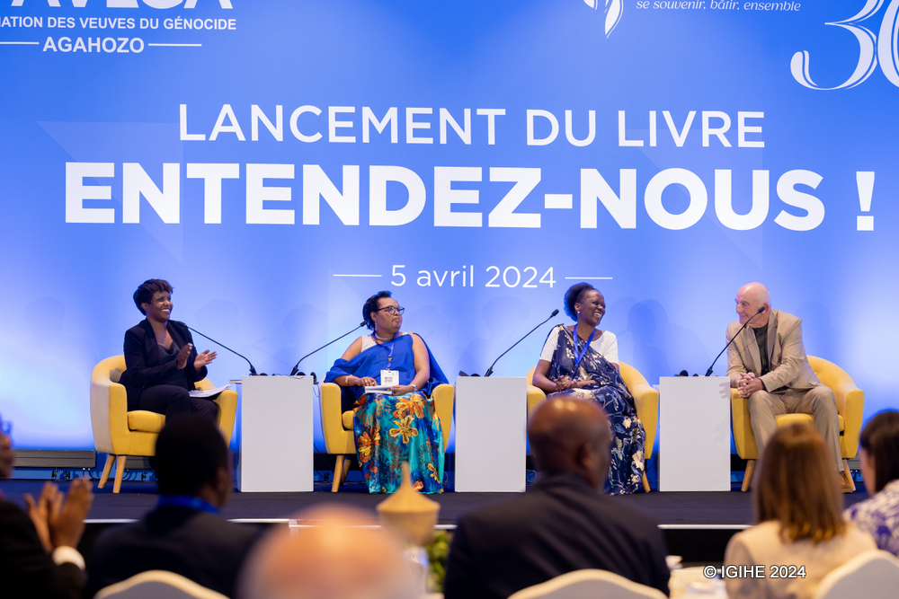 AVEGA founder and author Esther Mujawayo (second from right) discuses the association's collective book 'Entendez-nous!' during @Kwibuka30 International Conference