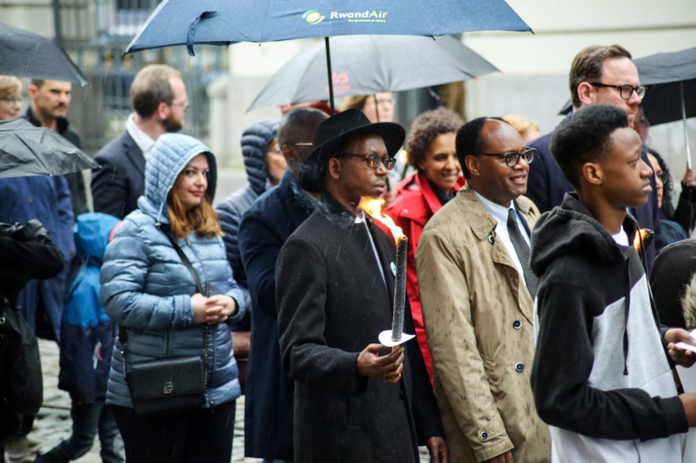 Chargé d’Affaires a.i. of Rwanda;s Embassy in Belgium, André Bucyana during a walk to remember. Standing on his left, is Sagaga, the President of Ibuka-Belgique.
