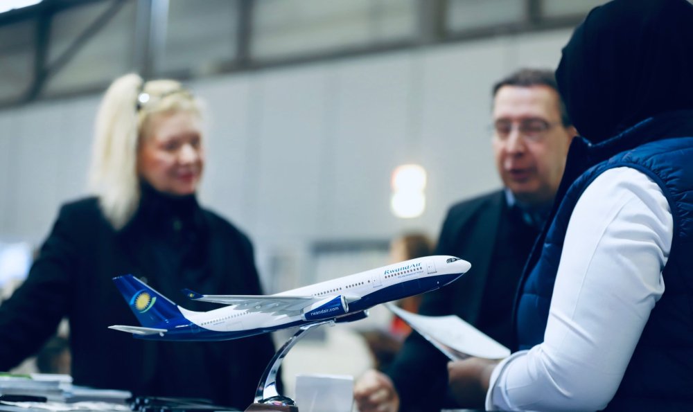 Photo showcasing RwandAir at the annual ITB exhibition in Berlin, Germany