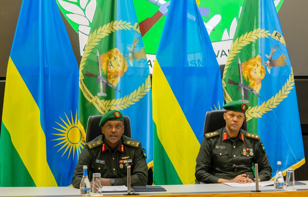 RDF Spokesperson Brig Gen Ronald Rwivanga (left) and Col Lambert Sendegeya, in charge of RDF personnel at the press briefing. 