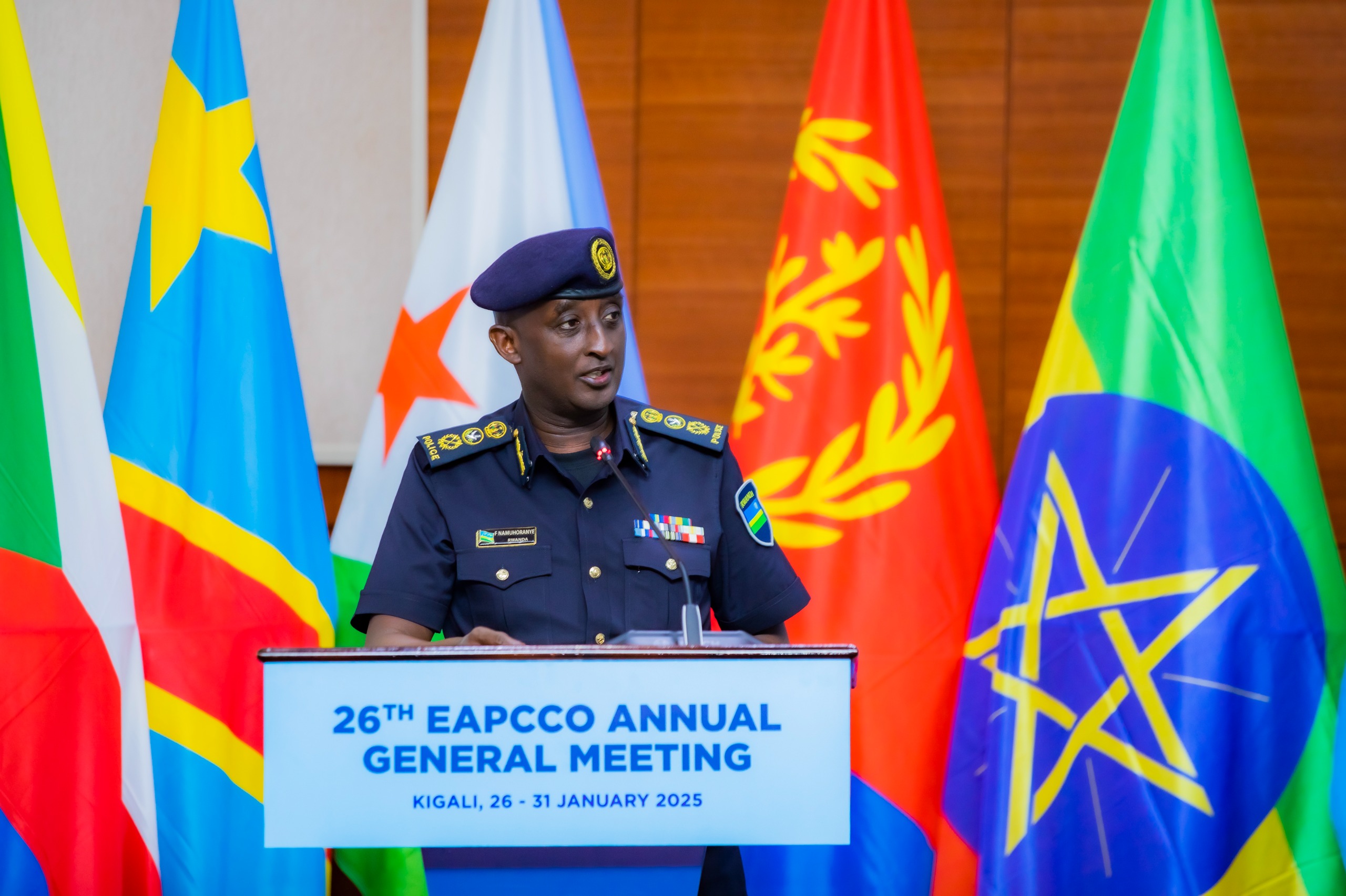 IGP Namuhoranye makes his remarks during the official opening of the 49th EAPCCO Permanent Coordinating Committee (PCC) meeting in Kigali on Monday, January 27, 2025.