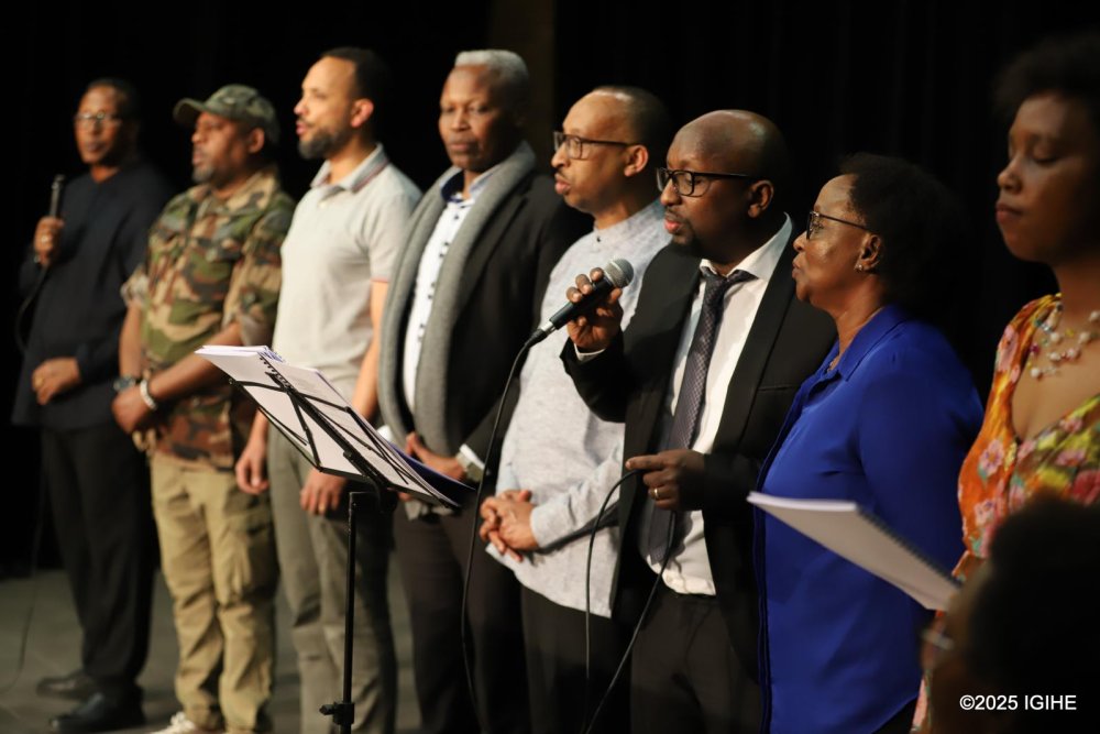 The actors of the play "Essuie tes larmes et tiens-toi debout" (Wipe Your Tears and Stand Tall), written by Rurangwa Jean Marie Vianney.