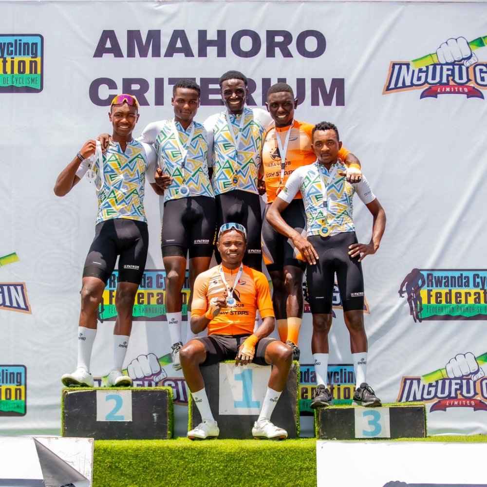 The medalists of the second Amahoro Criterium pose for a group photo.