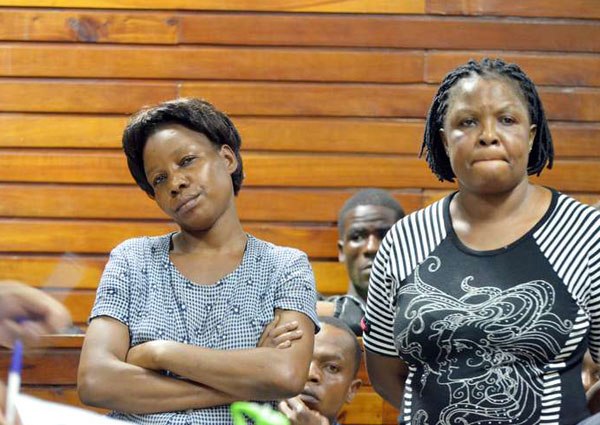 Ms Rose Adhiambo Raminya (right) and Ms Doris Akinyi were charged on November 9, 2015 in a Mombasa court with conspiracy to kill Mr Polycap Okumu, Ms Adhiambo's husband.