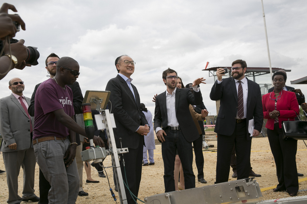 The World Bank president, Dr Jim Yong Kim was taken through the process of flying a drone yesterday in Muhanga district,Southern Province.