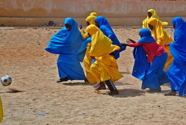 Somali school girls play football during lunch break at the Howlwadag Primary School in Howlwadag District, south of Mogadishu, on October, 5, 2016. The withdrawal of Ethiopia troops is likely to jeopardise peace in some areas of the country.
