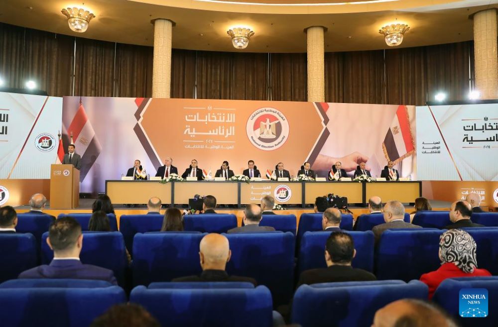 This photo taken on Dec. 18, 2023 shows a press conference on the presidential election in Cairo, Egypt. Egypt's National Election Authority (NEA) declared on Monday that incumbent President Abdel-Fattah al-Sisi won the presidential election with 89.6 percent of valid votes. (Xinhua/Wang Dongzhen)