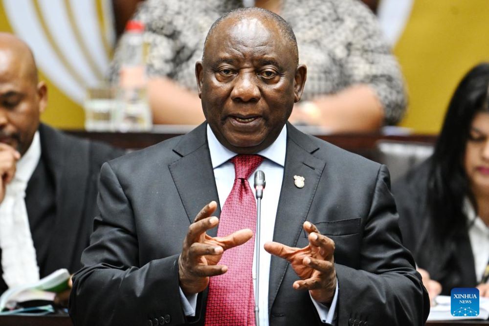 South African President Cyril Ramaphosa responds to questions in the National Assembly in Cape Town, South Africa, Sept. 9, 2025. Ramaphosa said on Tuesday that his government is actively engaging the United States to secure a fair trade and investment deal, but emphasized that the country will not "go on bended knee" in the negotiations. Responding to questions in the National Assembly on Tuesday afternoon, Ramaphosa told lawmakers that South African government representatives are currently in the United States for further formal negotiations.