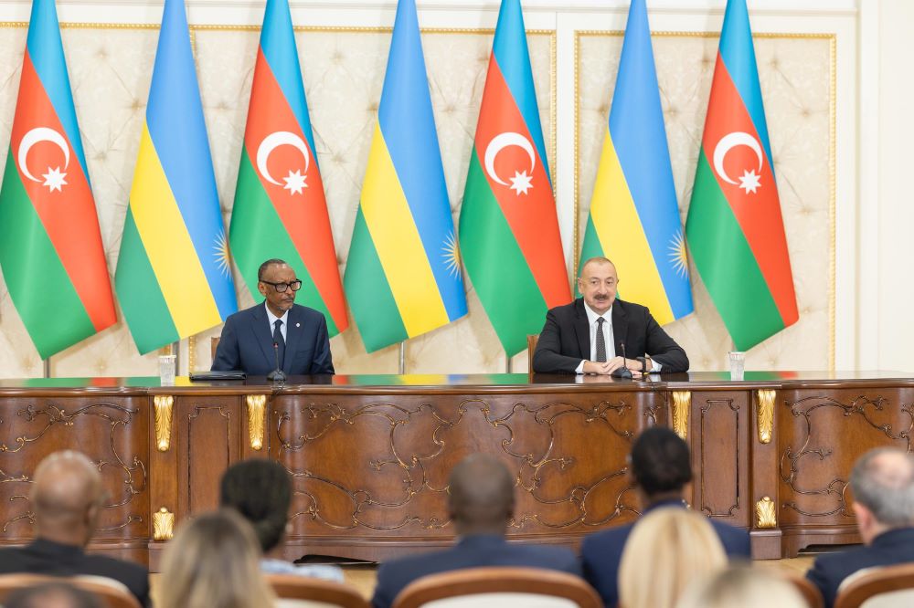 The two leaders addressed the press after witnessing the exchange of five cooperation agreements between Rwanda and Azerbaijan.