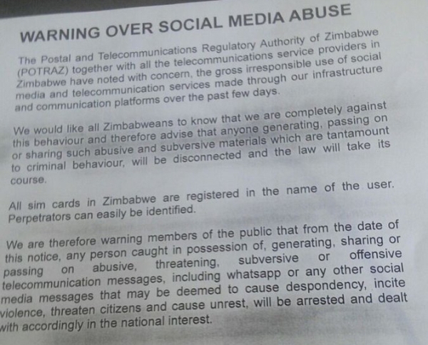 A warning from the Postal and Telecommunications Regulatory Authority of Zimbabwe about social media usage.