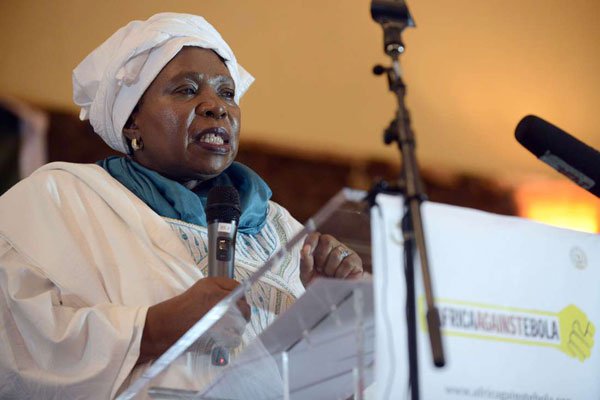 Nkosazana Dlamini Zuma, then the chairperson of the African Union Commission, speaks in Lagos on December 3, 2014 during a send-off ceremony for 250 Nigerian health workers on a mission to fight the Ebola virus in affected west African countries. In the race for president of South Africa, Dlamini-Zuma’s main thrust, beside the backing of Zuma, is along the lines of "it’s time for a woman to lead".