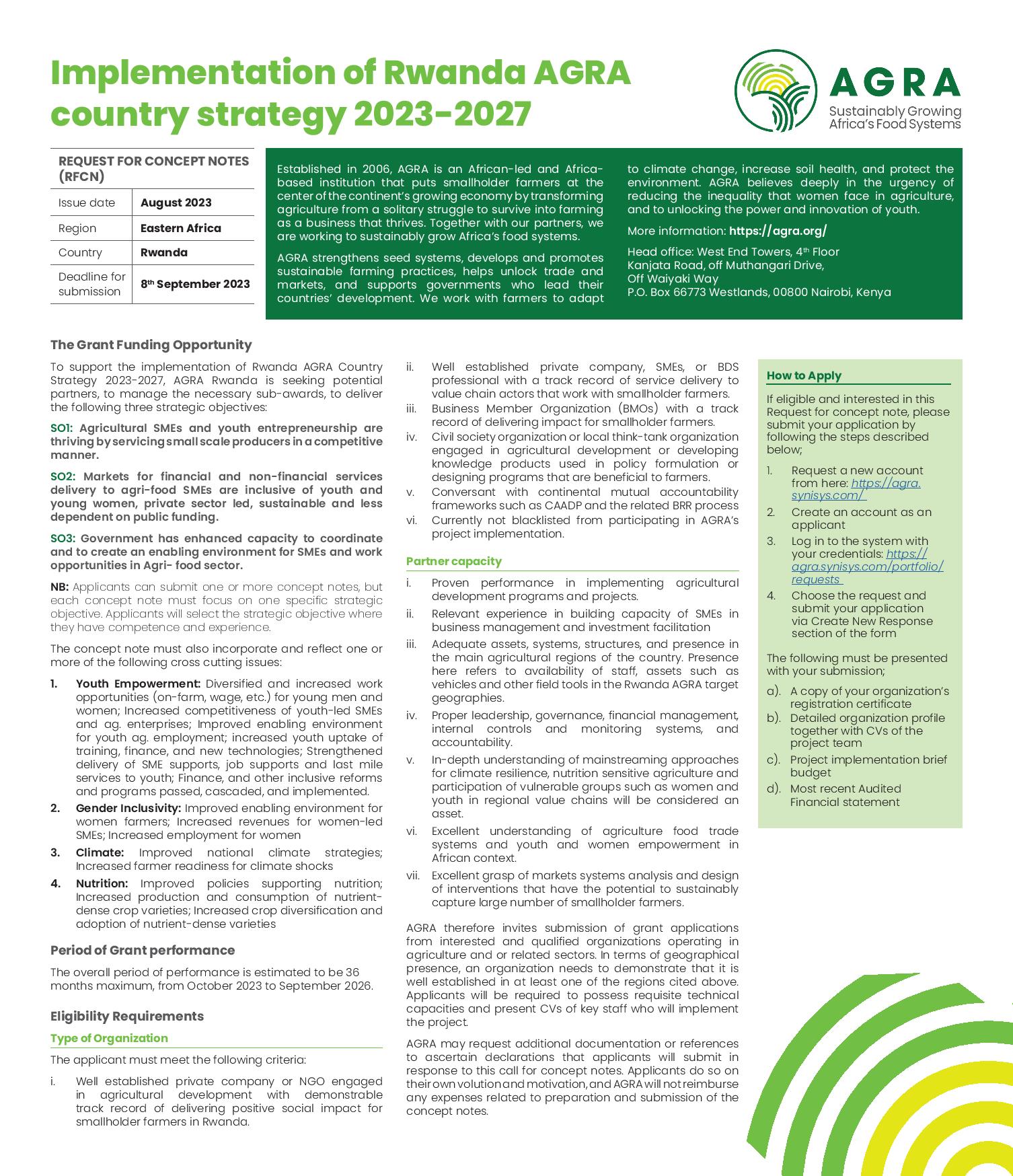 Implementation of Rwanda AGRA country strategy 2023-2027 : Grant Funding Opportunity